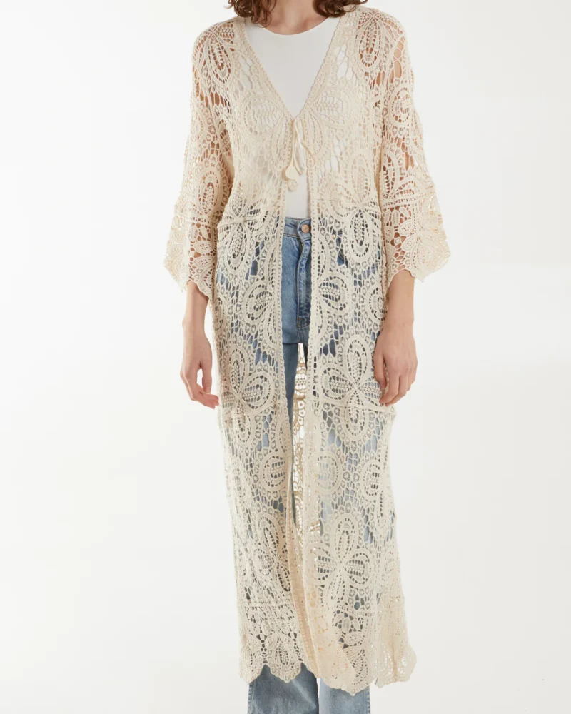 CROCHET TIE FRONT LONGLINE KIMONO